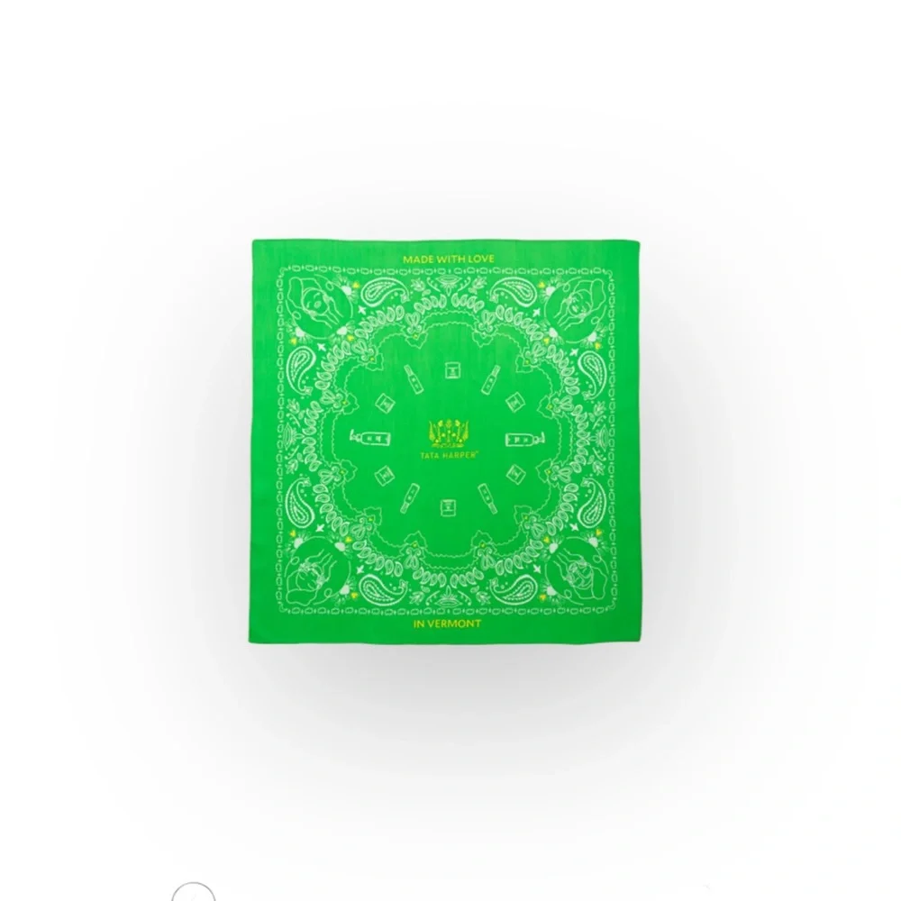 new Tata Harper 🜸 Signature Logo Print Beauty Bandana 🜸 Green Yellow White 🜸